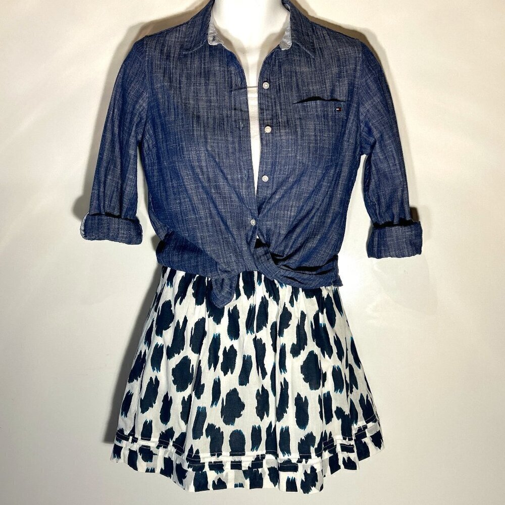 Loft SZ 0 Navy & White Cotton Abstract Print Skirt Modern Classic Prep Y2K
